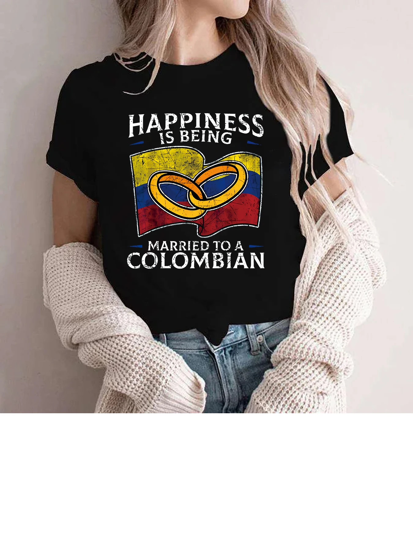 Happiness is being married to a Colombian Women\'s Casual Short Sleeve Printed Summer T-Shirt Oversized T Shirt