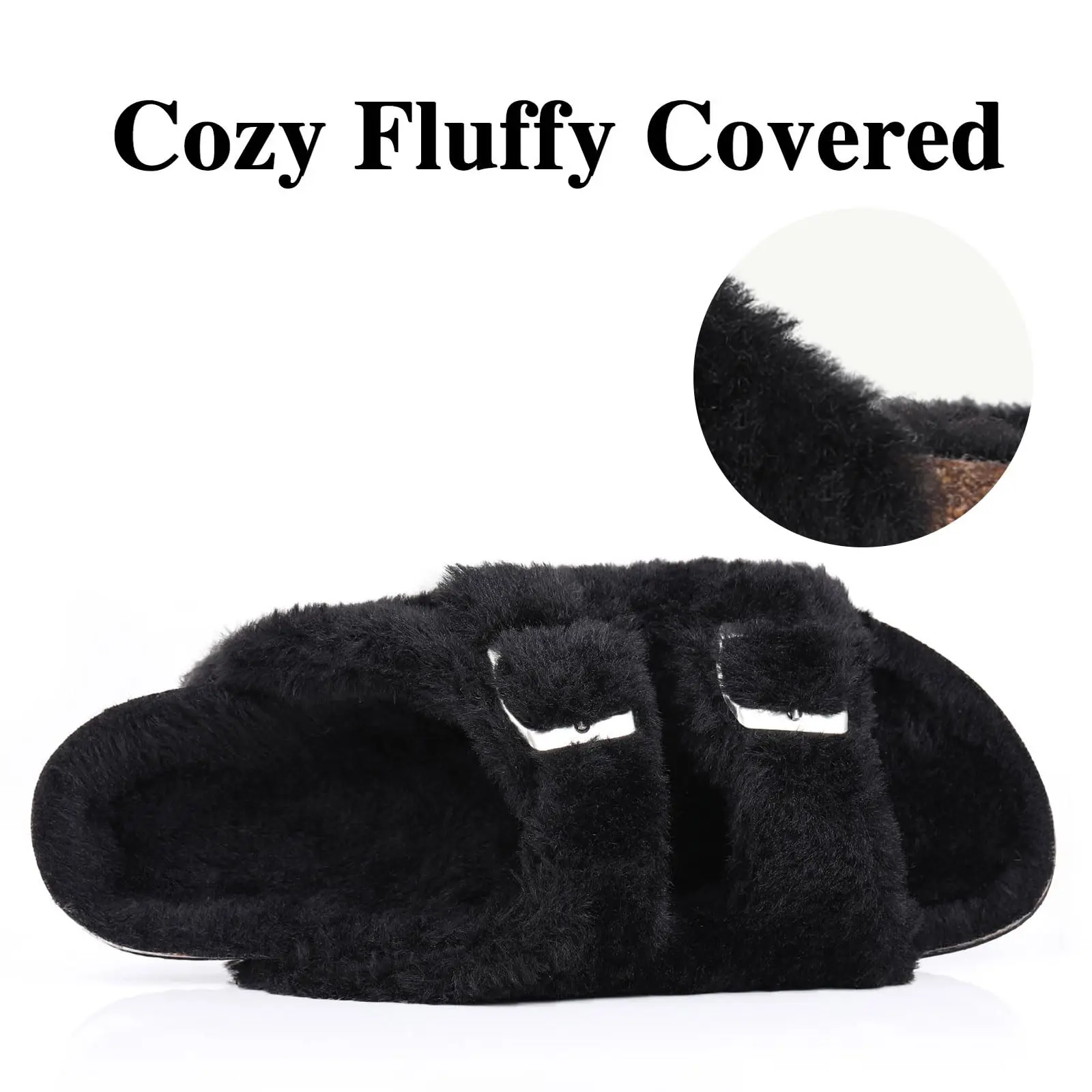 Shevalues New Fur Fluffy Slippers Women Winter Home Fuzzy Slippers Open Toe Cork Slides Female Indoor Double buckle Flat Sandals