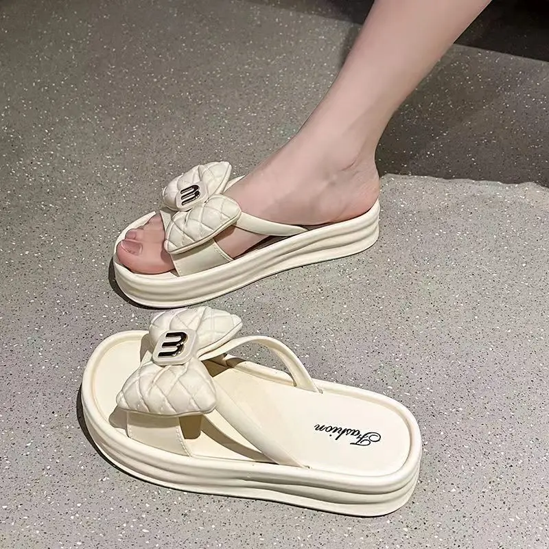 Women Slippers Summer New Fashion Luxury Open Toe Thick Soled Outdoor Flip Flops Bow Girls Beach Off White Casual Slippers