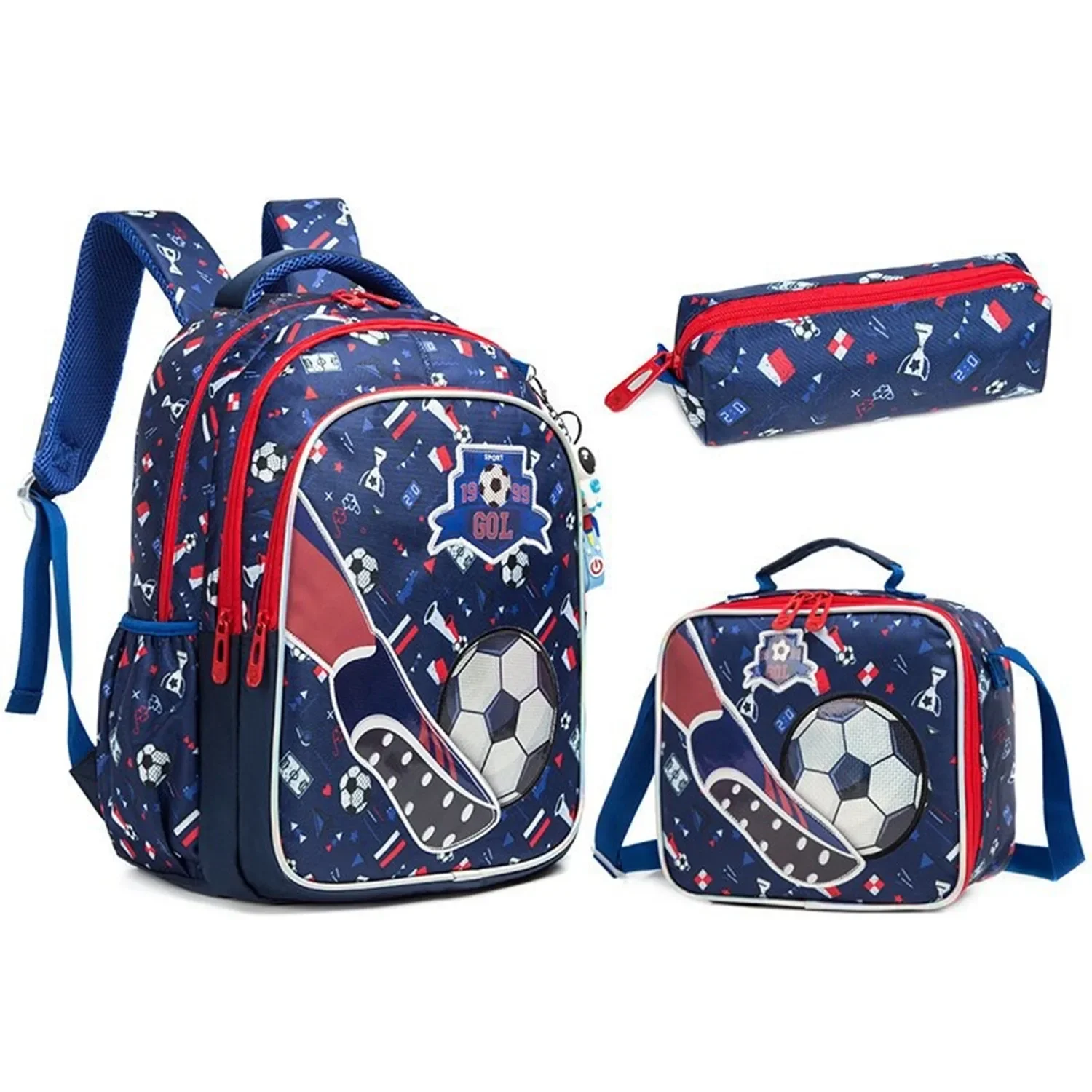 Bookbag escolar padrão de futebol para menino, mochila infantil, saco impermeável, lancheira, caixa de lápis infantil