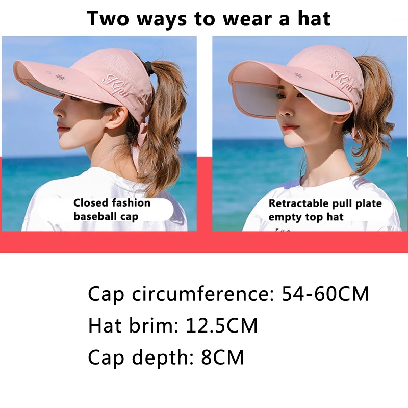 Women\'s Cycling Breathable Sun Hat Visor Caps Female Scalable Brim Empty Top Wide Brim Baseball Cap Outdoor Anti-UV Beach Hats