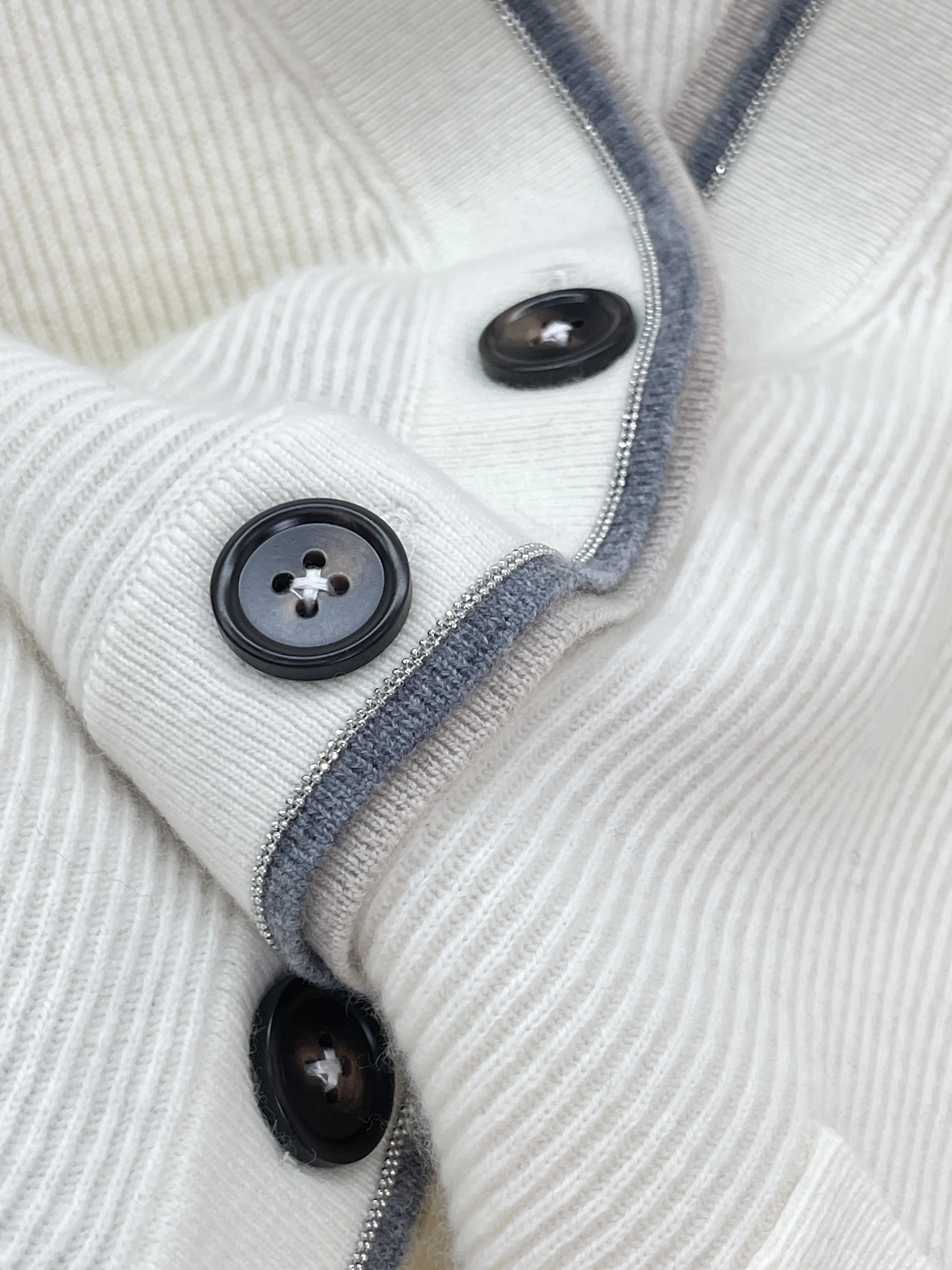 2025 Autumn And Winter New Wool V-Neck Long-Sleeved Knitted Cardigan Lamb Chop Button Bead Chain Contrast Color Sweater Women