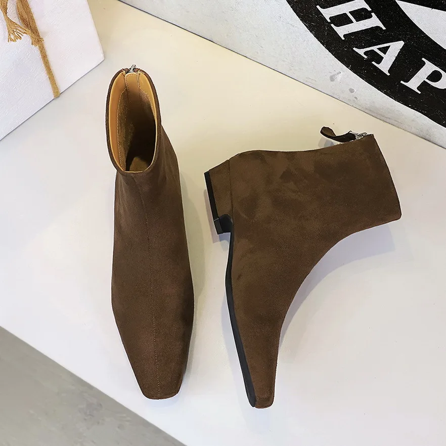

Ankle Boots Woman Shoes Autumn Winter Chunky Heels Short Boot Suede Zip Office Square Toe Modern Boots Fashion Zapatos De Mujer