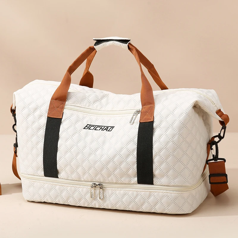 

Leisure nylon travel bag, diamond grid design, independent shoe compartment, large capacity, fitness yoga bag, storage handbag