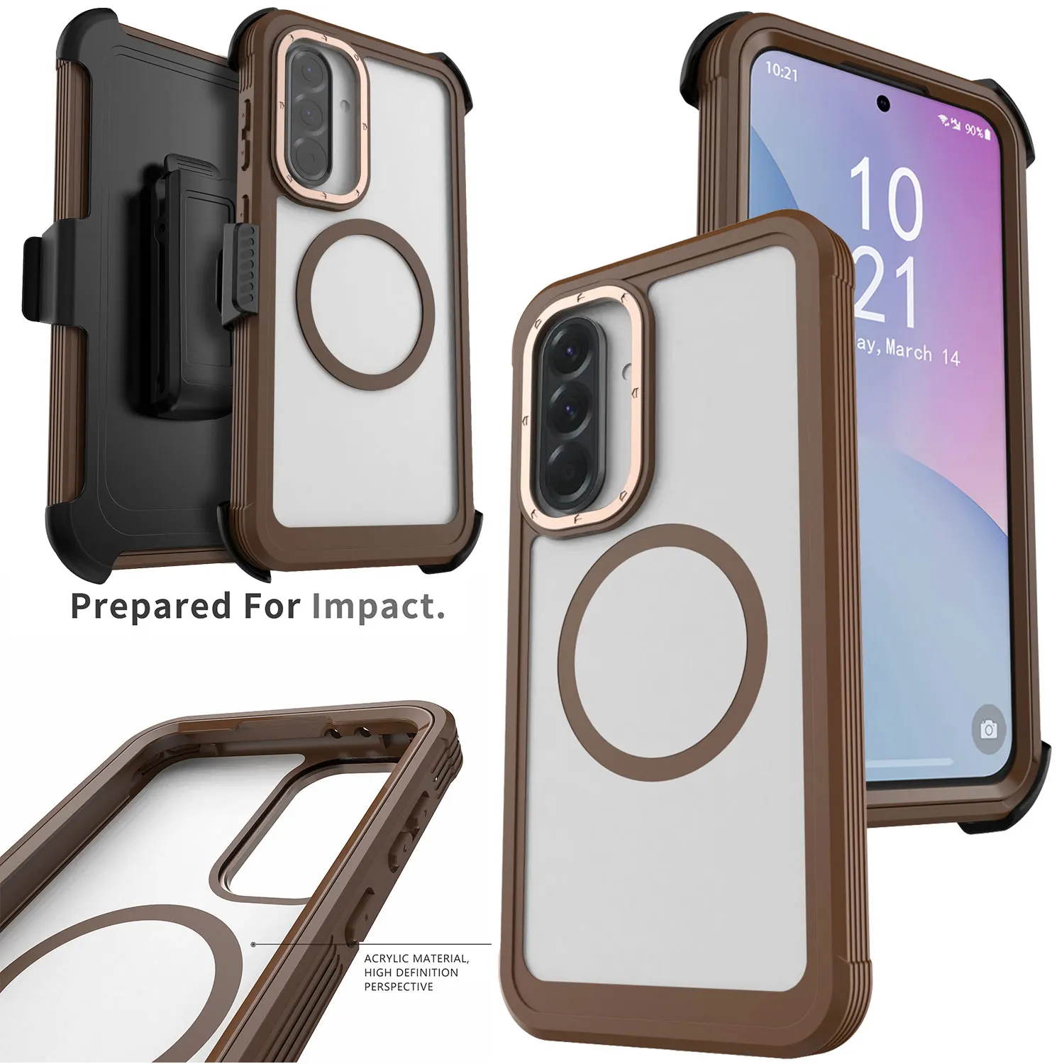 

For Samsung For Galaxy A36 Magnetic Phone Protective Case Shockproof Rugged Cover Clear/Brown +Belt Clip Holster Stand Holder
