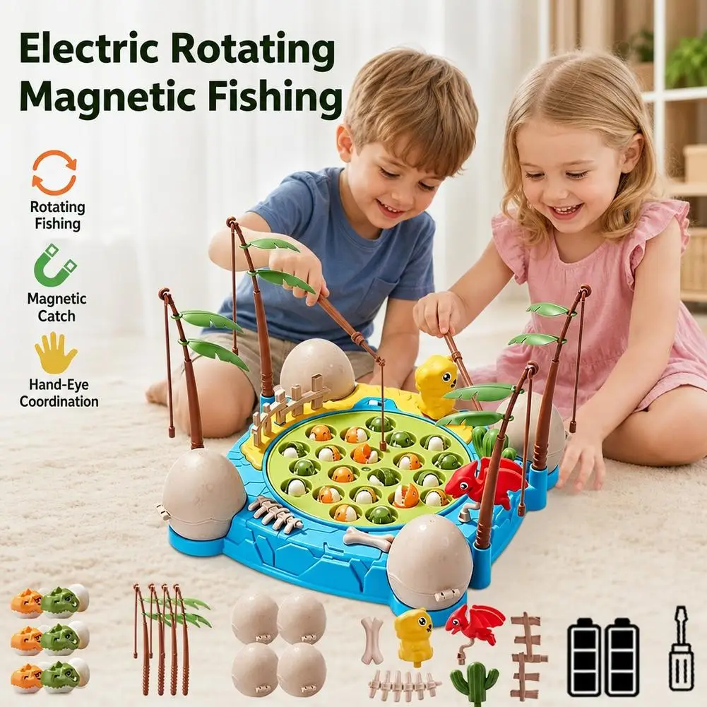 Magnetic Dinosaur Fishing Game Toy Rotating Board Interactive Family Game Multiplayer Fishing Playset Motor Skill EducationalToy