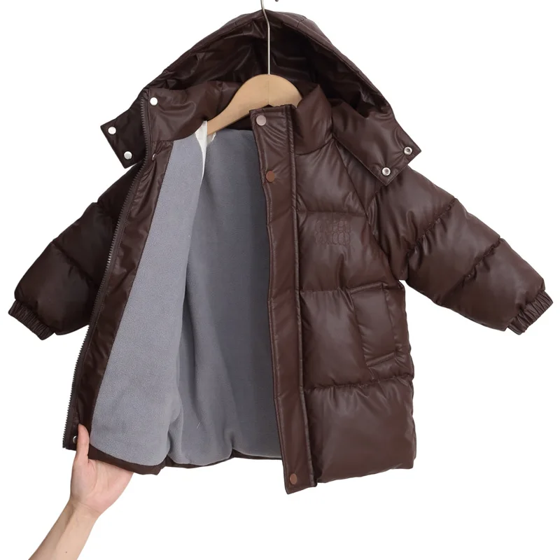 Kids Long Puffer Coat Thick Fleece Lining Hooded Winter Jacket Boys Girls Warm Quilted Outerwear Windproof Waterproof Snowsuit
