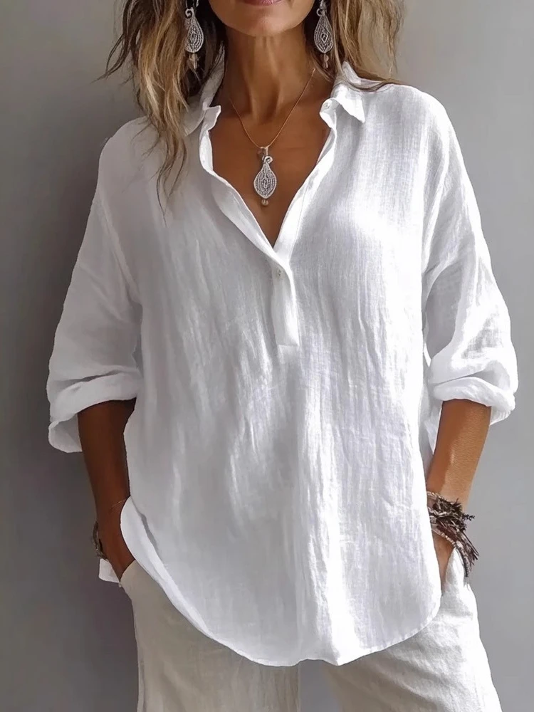 Sommer Neue Elegante Baumwoll-Leinen-Hemden für Damen, Lässige Einfarbige Blusen mit Knöpfen und Revers, Langarm Lose Oberteile Tunika