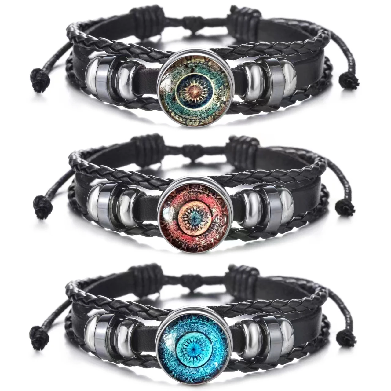 2024 New Arrival Black Leather Bracelet for Men Women Handmade Sun Pattern Beaded Bracelet Multi-layered Bracelet Jewelry Gift