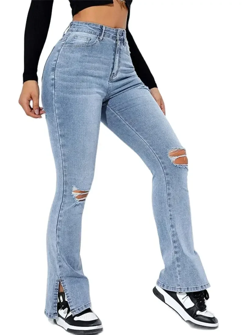 

Winter New Women's High Waist Ripped Leg Slit Jeans Fashion Slim Fit Stretch Denim Straight Legs Casual Trousers S-2XL