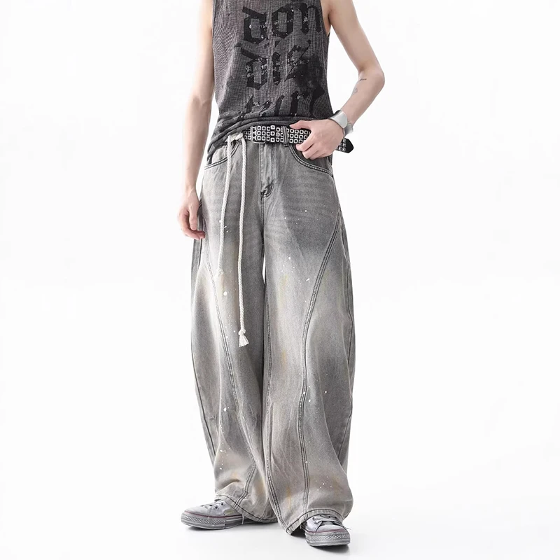 WTHT ファッションメンズグラデーションパッチワーク落書き古いデニムパンツヴィンテージハイウエストワイドレッグジーンズ男性 2025 夏 2A1110