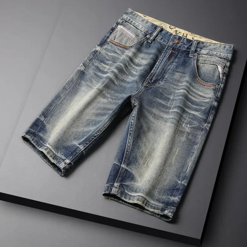 

Fashion Korean Luxury Clothing Cowboy Punk 2024 New Men's Vintage Style Denim Shorts Heavy Duty Summer Casual Knee Length Jeans