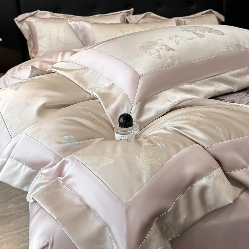 600TC Lyocell Satin Butterfly Jacquard Patchwork Soft Silky Luxury Bedding Set Duvet Cover Bed Sheet/Fitted Sheet Pillowcases