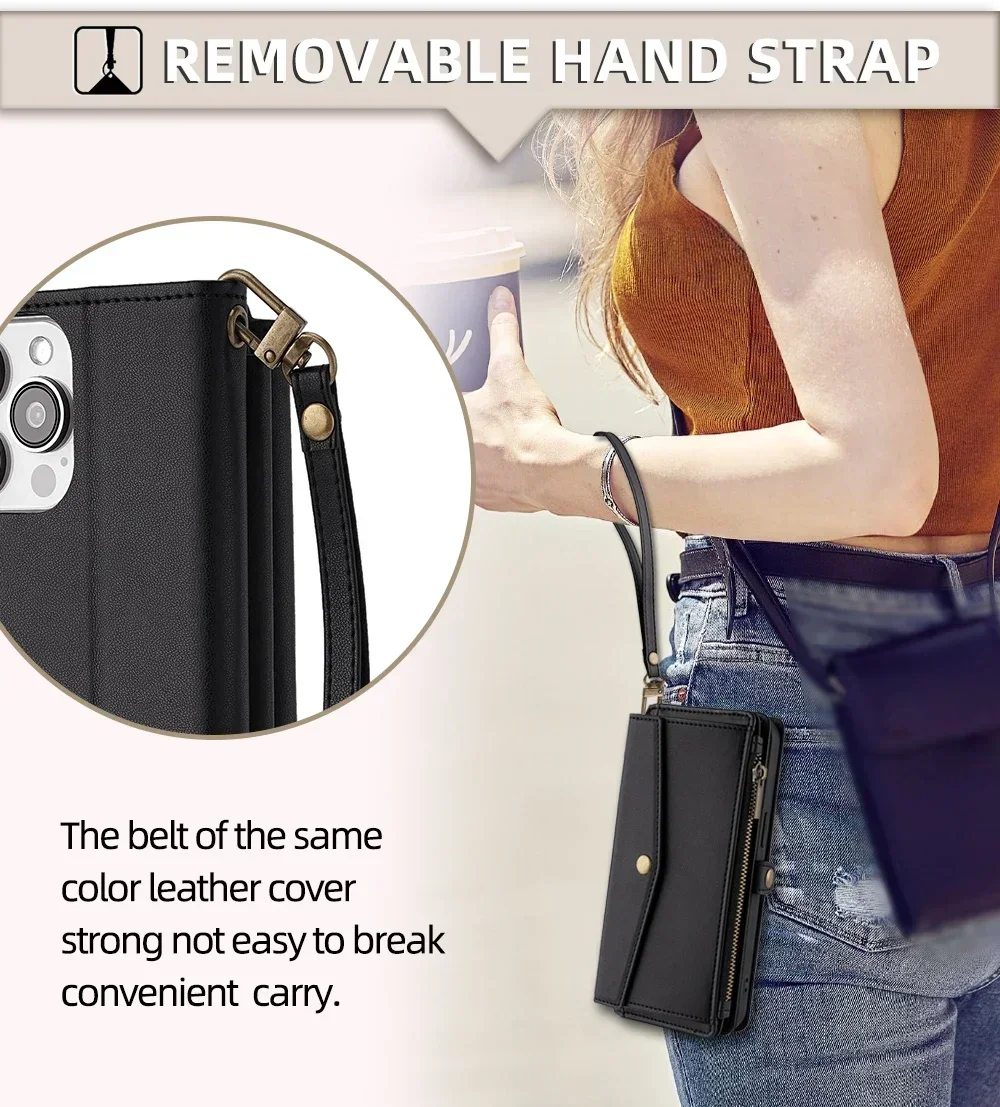 Reißverschluss PU-Leder Brieftasche Buchcover Handyhüllen für iPhone 16 16E 17 Air Pro Plus Max Flip Cover Multifunktionale Berging Bags – Detail 5