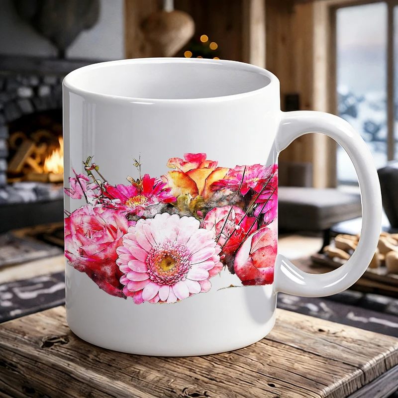 

1PCS Watercolor Floral Rose Ceramic Cup, Coffee Cup, Milk Cup, Office Tea Cup, Drinking Cup, Fade-Resistant, Gift for Friends