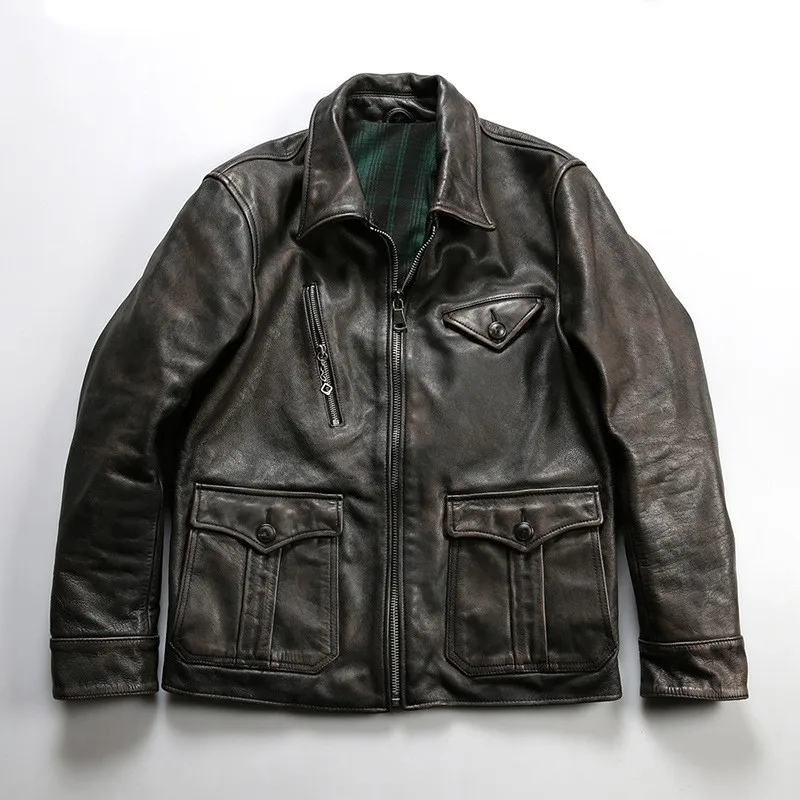 Two-color green tea core childlike leather men's lapel multi-pocket thickened cowhide