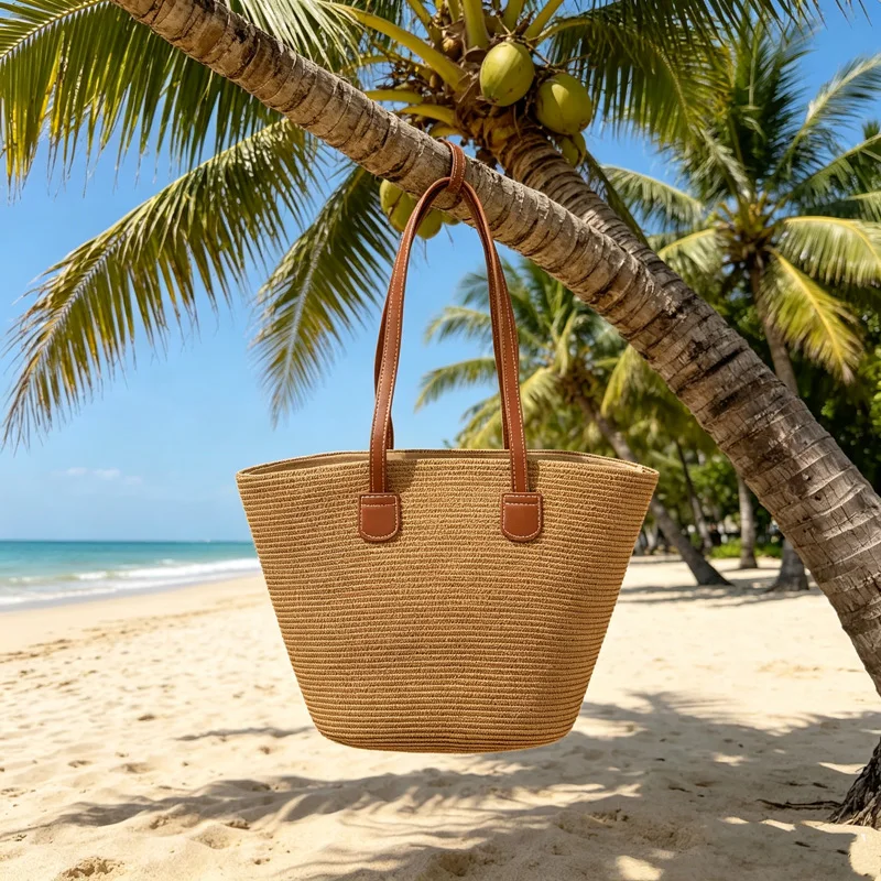 CLAREGQI  Women's Solid Color Straw Tote Bag, Large Capacity Woven Beach Shoulder Bag with PU Leather Handles, Summer Casual Han view 3