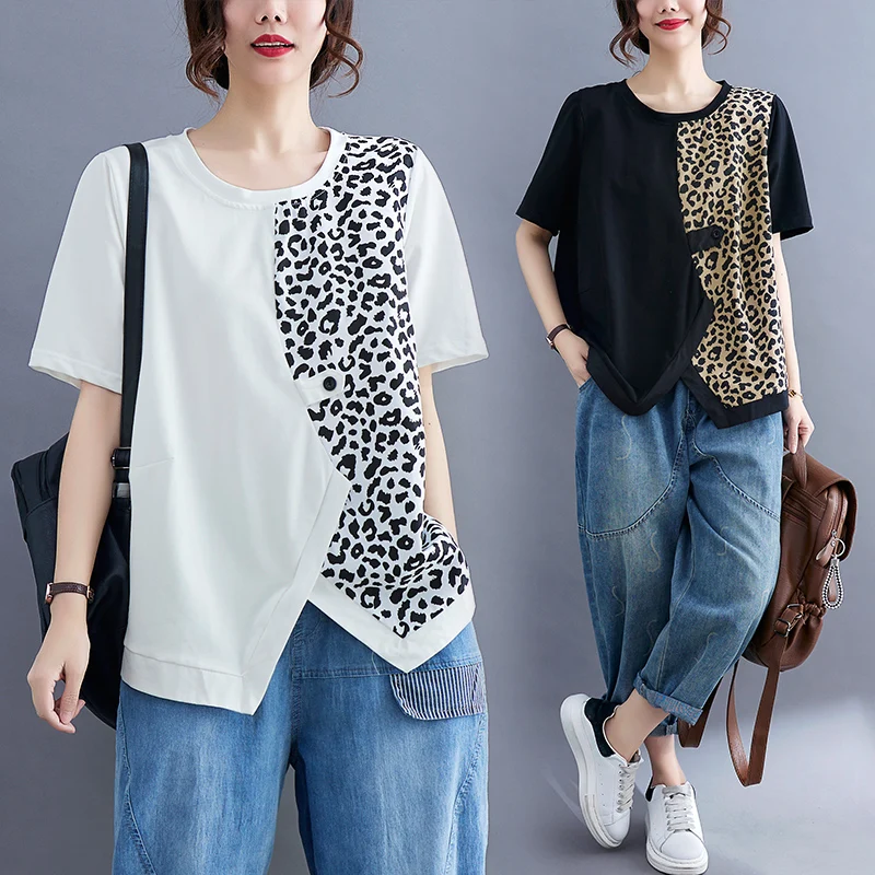 

Faionable plus Size Women's T-irt Slimming Summer ort Sve Patchwork Leopard Print Street Sle Korean Version Big MM