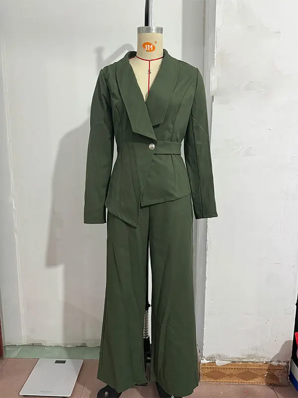 Damen-Wickelblazer-Anzug, zweiteiliges Set, mit Gürtel, V-Ausschnitt, langärmelige Jacke, Hose mit weitem Bein, schmal geschnitten, elegant, formell, für Büro und Partys. – Detail 7