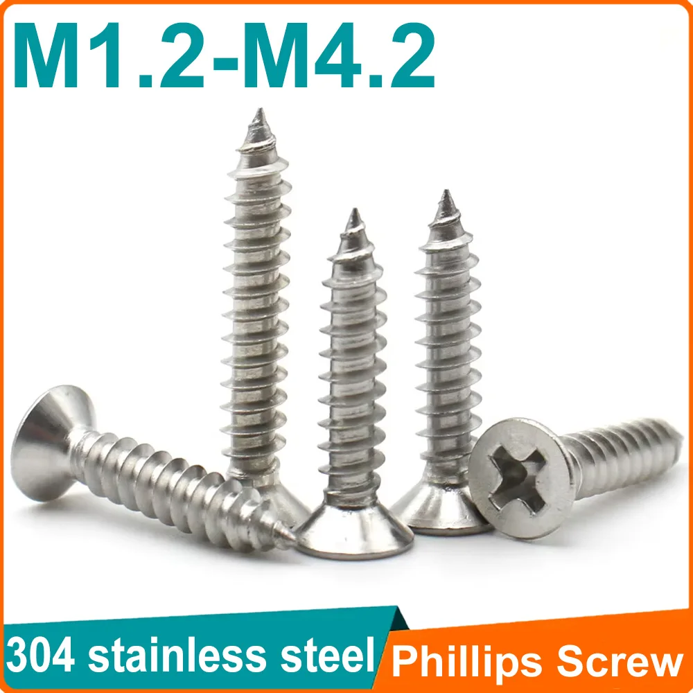 M1 M1.2 M1.4 M1.5 M1.7 M2.3 M2.6 M3 M4.2 304 Stainless Steel Phillips Cross Recessed Countersunk Flat Head Self-tapping Screws