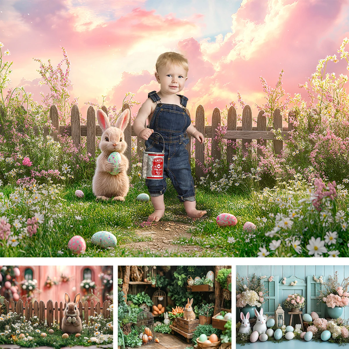 Easter Pink Sky Bunnies Farm Backdrops Kids Baby Birthday Cake Smash Photocall Child Wooden Cottage Carrots Backgrounds