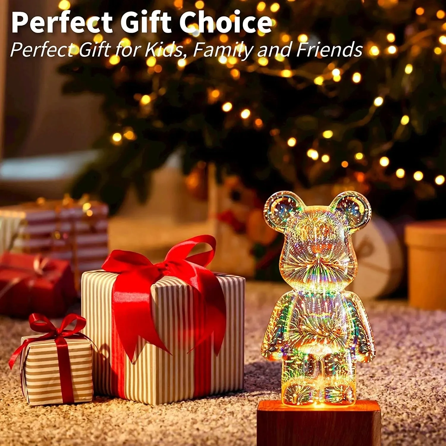 3D Fireworks Bear Night Light Projection Colorful USB Atmosphere Dimming Living Decorative Decor Room 3D Glass Fireworks Bedroom