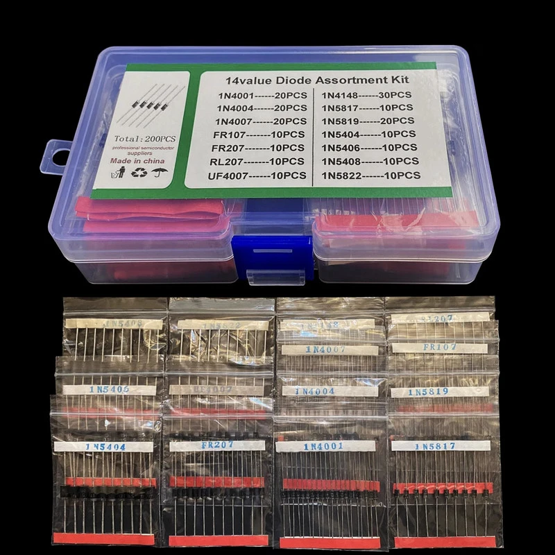 14Value 200PCS Switching Transistors & Diodes Assortment Kit with Box Fast Recovery, Rectifier & Schottky Diodes