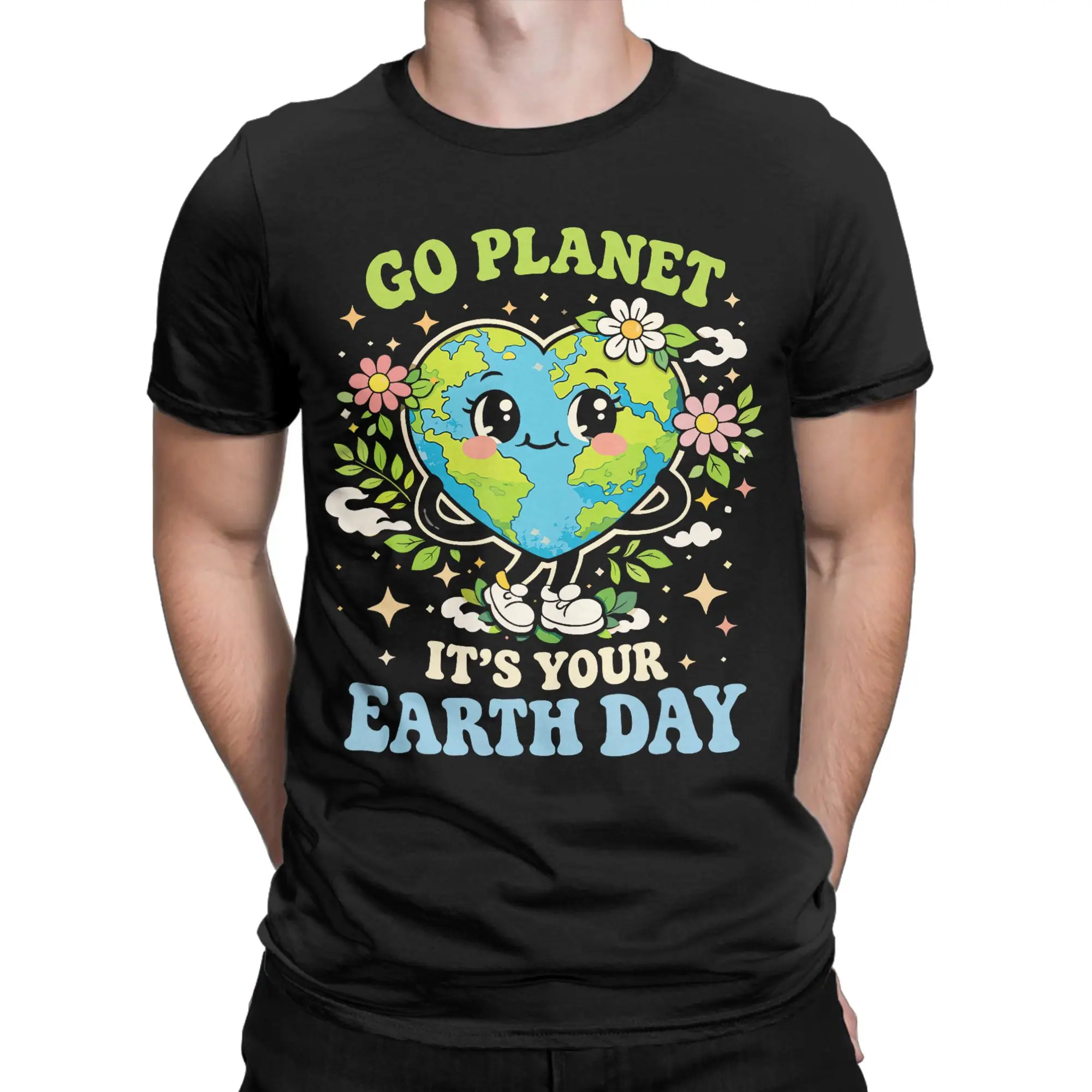 Earth Love Power Peace World T-Shirt Men  Awesome Pure Cotton Tees Round Collar Short Sleeve T Shirts Birthday Present Clothing