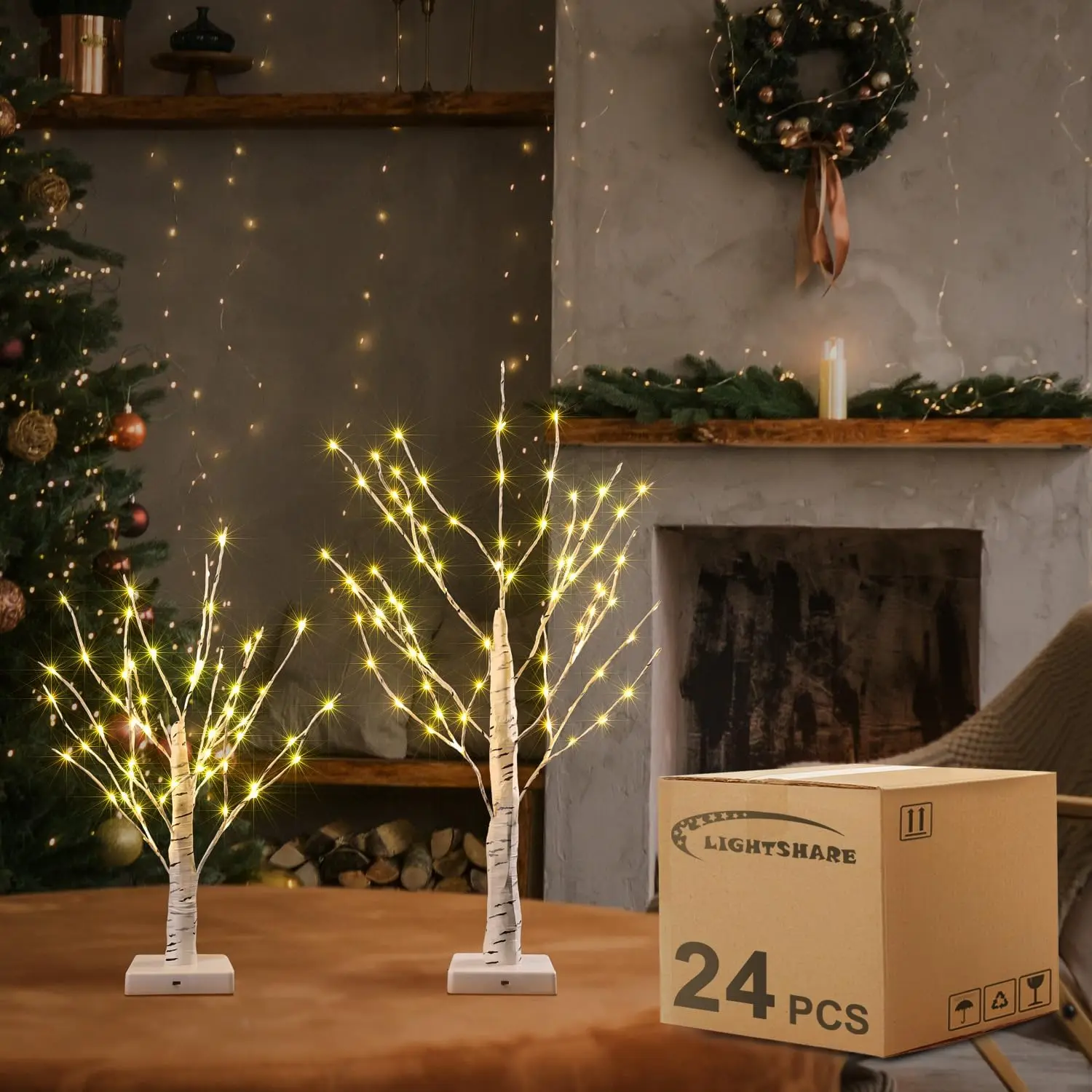 

LIGHTSHARE 24PCS 18IN+24IN Birch Tree Bonsai, 147 Mini LED Lights, Warm White, for Home,Set of 2, Festival, Party, and Easter