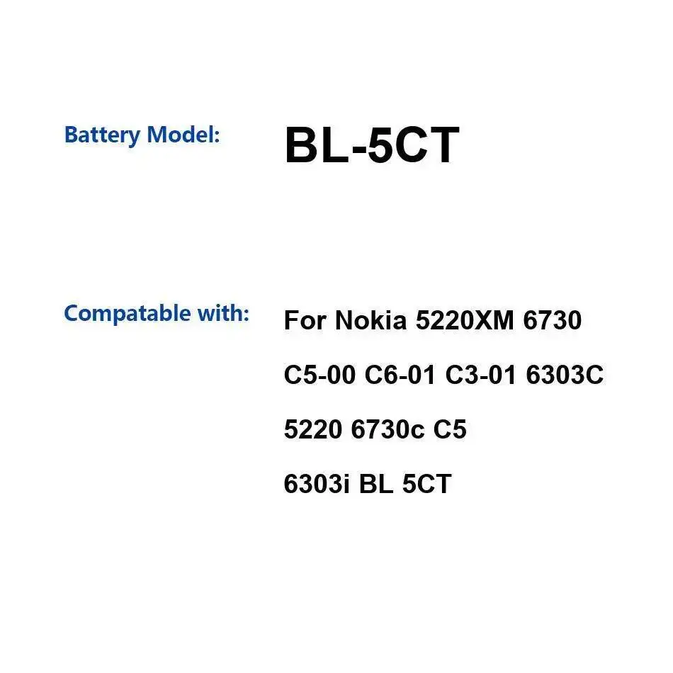 

1050 мАч большой емкости BL-5CT для Nokia 5220XM 6730 C5-00 C6-01 C3-01 6303C 5220 6730C C5 6303I аккумулятор для мобильного телефона длительный срок службы