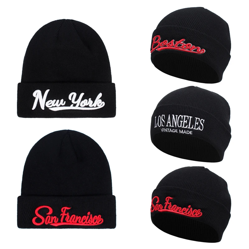 2025 New Simple Creative Bean Hat American City Letter Embroidered Knitted Hat Daily Casual Skeleton Hat Unisex Borderless Hat