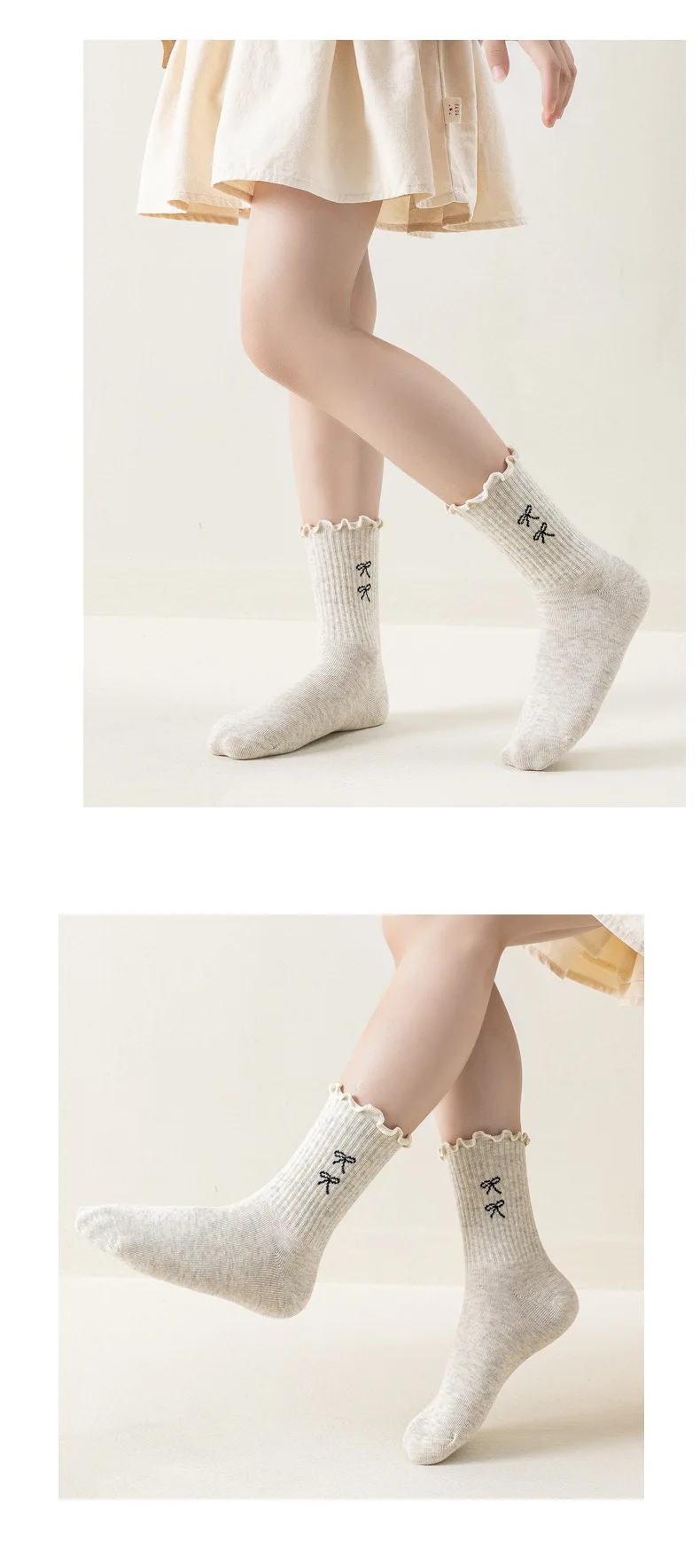 4 Paar/Set Kindersocken für Mädchen, gerüschte, süße Schleifen-Mittellängensocken für Mädchen, einfarbige, vielseitige Kindersocken für Schüler, Frühling Herbst – Detail 6