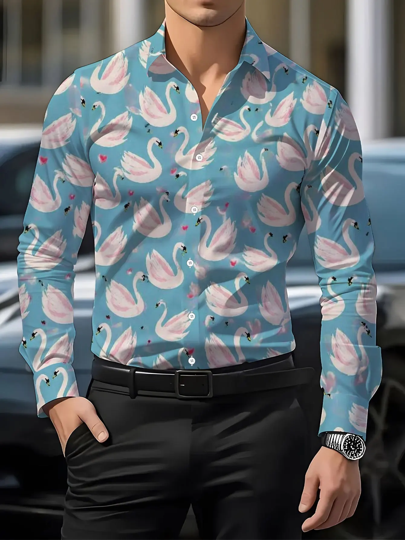 2026 Men Long Sleeve Shirt White Swan Heart Print Turn Down Collar Fashion Daily Top Men's Clothing