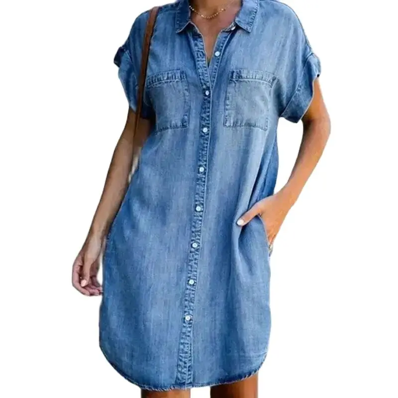 2024 New Single-breasted Denim Dress Midi Skirt Short Sleeve Slim Fit Women's Casual Loose Pocket Simple Retro Commuter Office