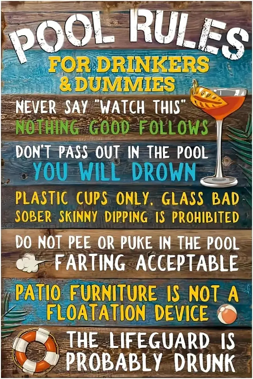 Metal Tin Sign Pool Rules Tin Sign Vintage Pool Patio Wall Decoration, Lifeguard is probably Drunk, Yard Sign Garage Farm G sign