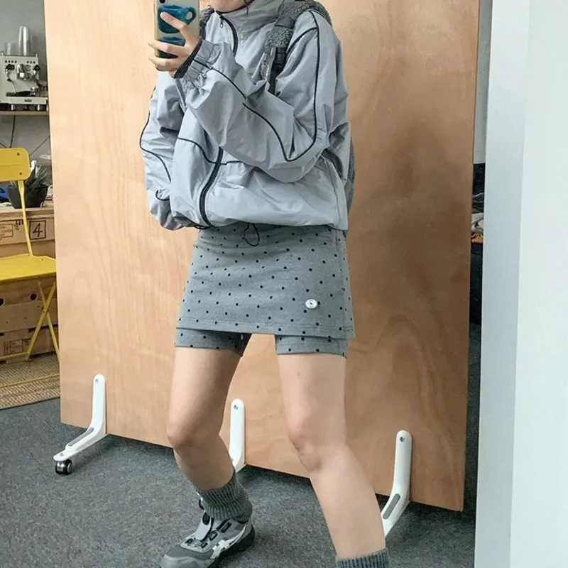 

Корейская тонкая юбка в горошек, шорты с искусственной двумя спортивными серыми мини-шортами с низкой талией Y2k, шорты, летние повседневные шорты, женские шорты