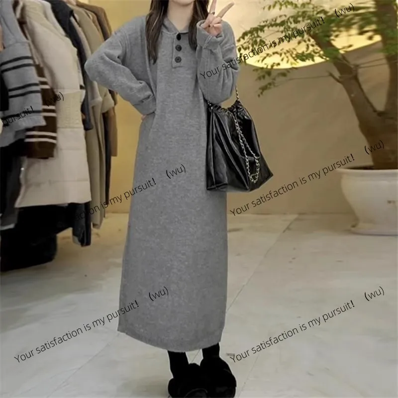 

Осенне-зимнее новое повседневное трикотажное платье с капюшоном, женская корейская версия, свободный ленивый средний и длинный внутренний свитер, юбка Tide