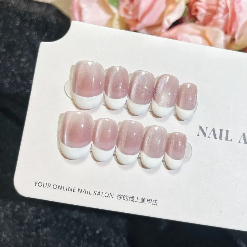 

10 шт. розовые короткие овальные ногти ручной работы с эффектом кошачьего глаза и белым краем, французские кончики, простые накладные ногти для девочек, повседневная одежда