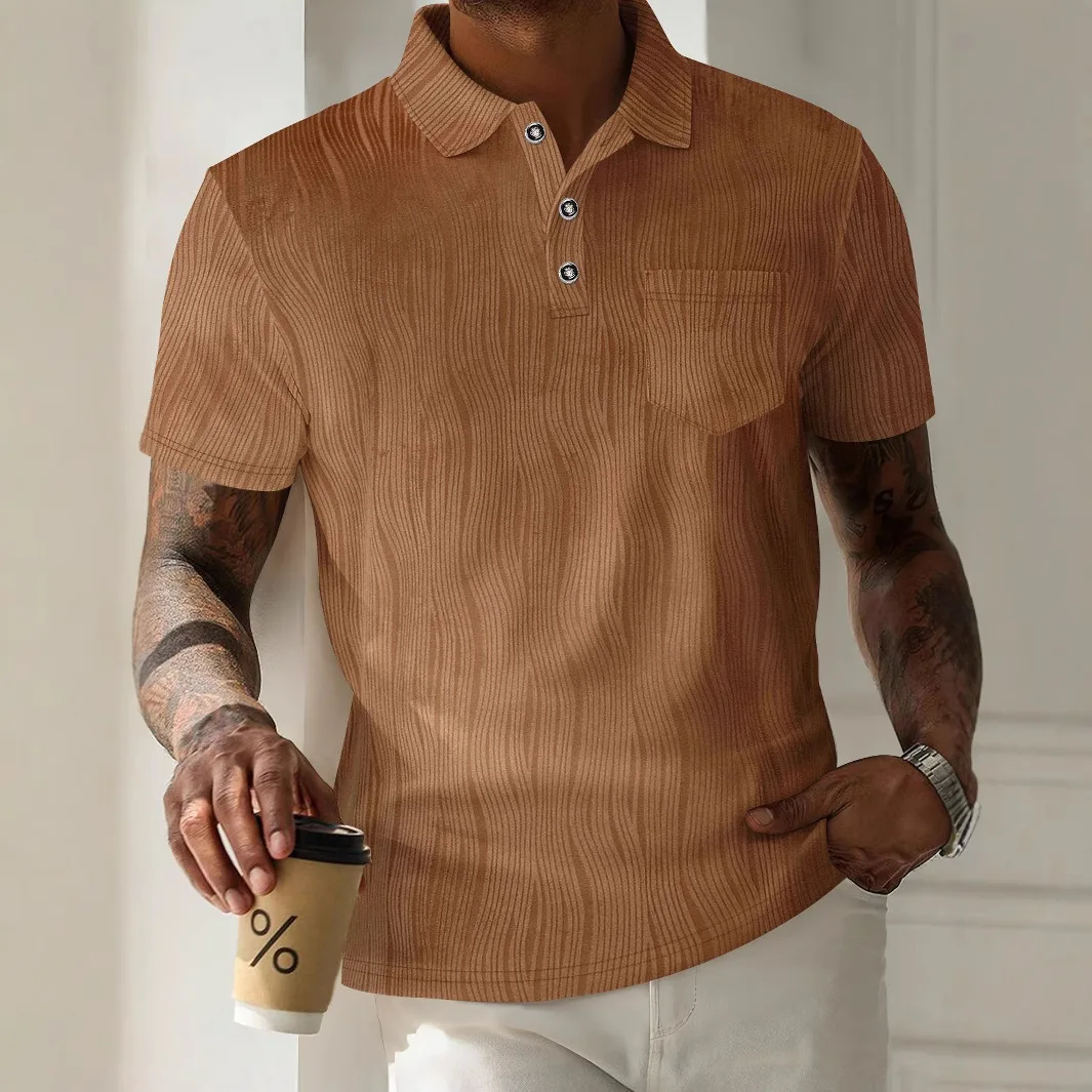 Summer men's striped breathable casual short-sleeved polo shirt with a collar, featuring pockets