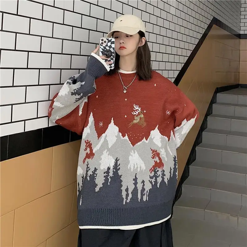 

Elk Embroidered Knitted Sweater 2024 Autumn Winter New Retro Couple Wear Trendy Loose Thickened Casual Top