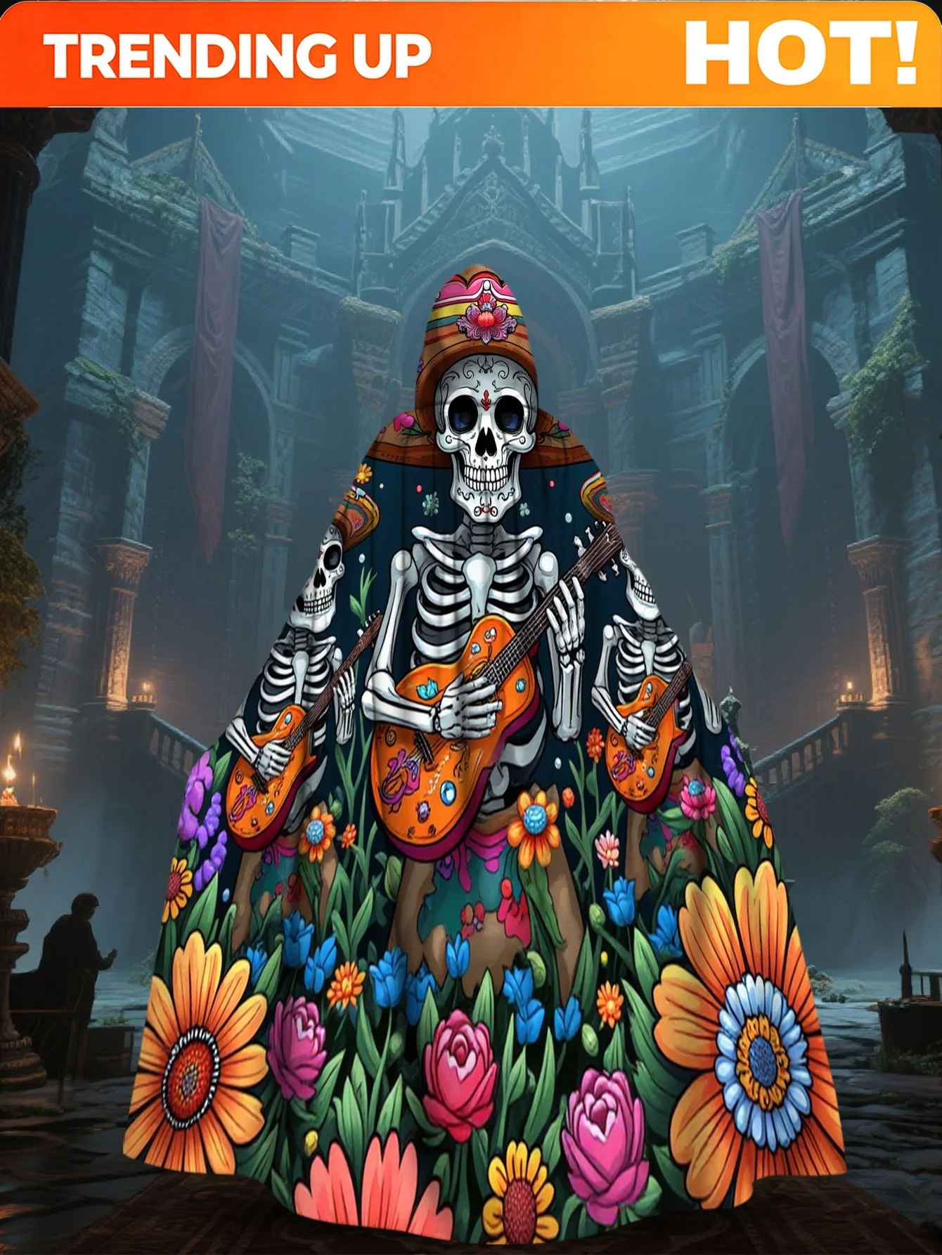 Customization 1pc Day Of The Dead Dress-Up Cloak With Hood - Long Medieval Gown For S, 100% Polyester Costume For Halloween