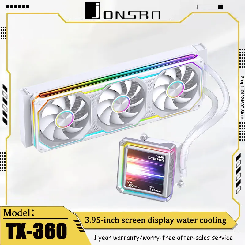 

JONSBO TX-360: Водяное охлаждение с интегрированным 3,95-дюймовым IPS-экраном, вентилятор для процессора, радиатор с ARGB-подсветкой Shenguang Sync, белый