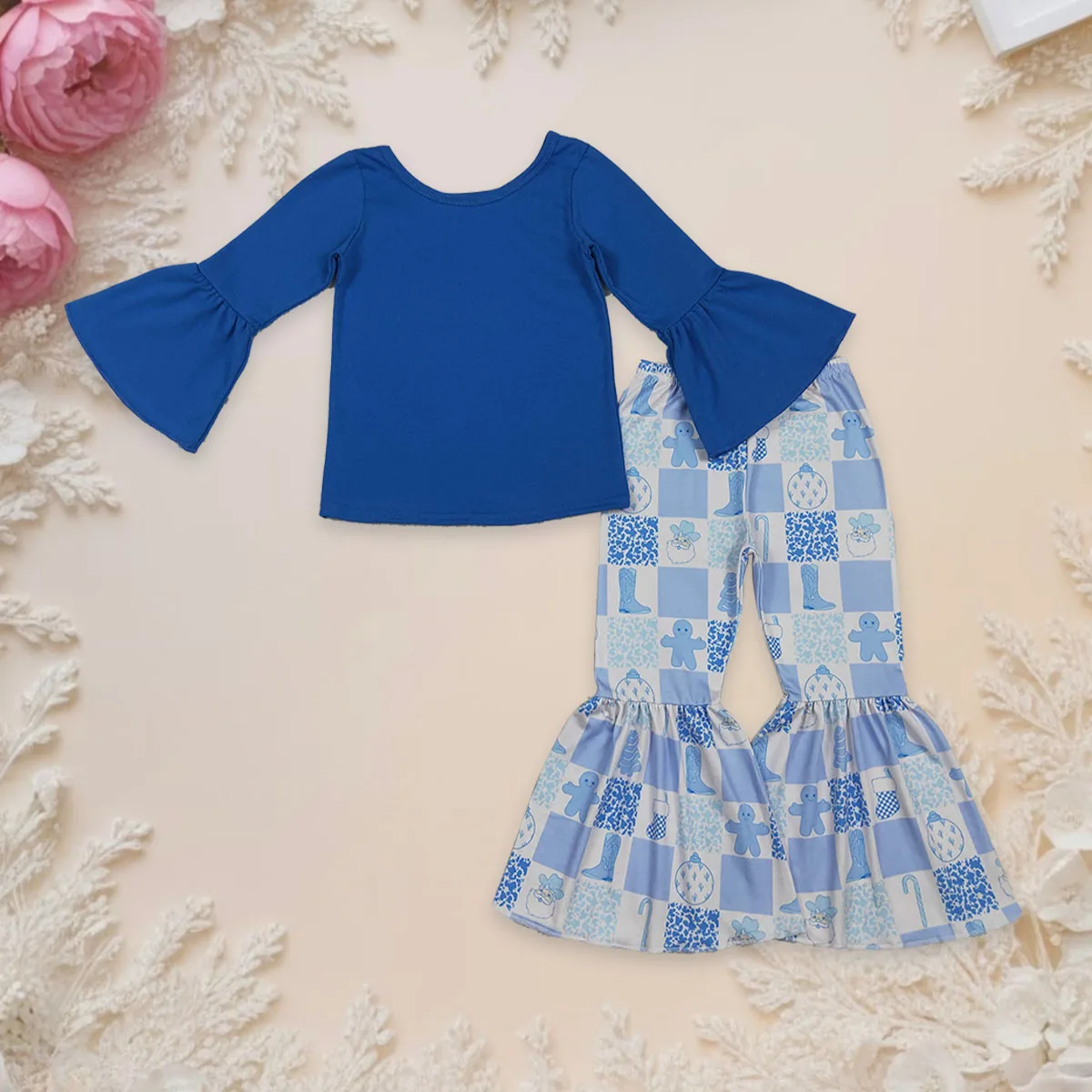 

Toddler Baby Girl Set Kids Clothes Long Sleeve Tops Children Santa Gingerbread Bell Bottom Pant Christmas Outfit Wholesale