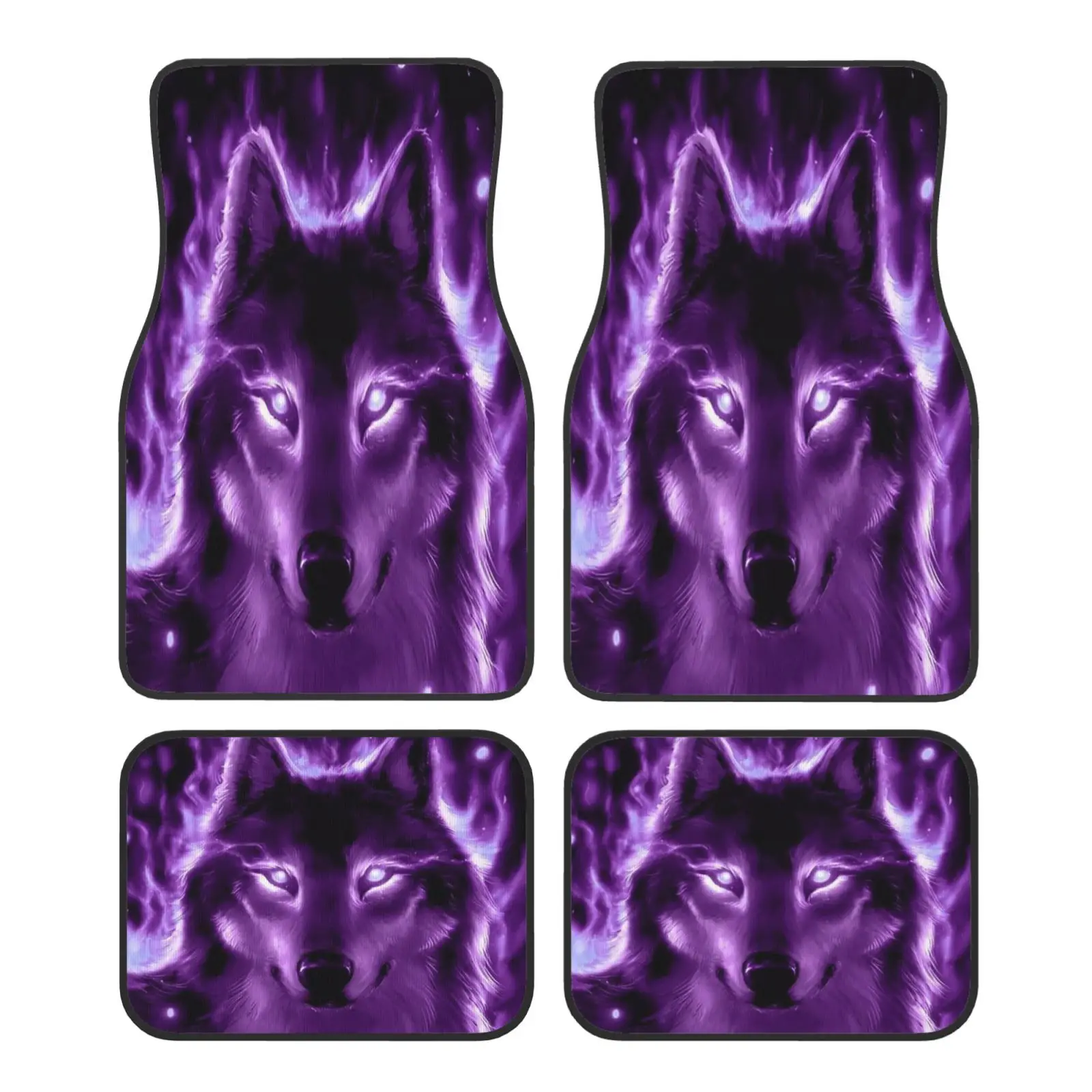 Wolf Purple Flame Print Auto-Fußmatten-Set, 4 Stück, rutschfeste Fußmatten vorne und hinten, universelles Autozubehör für Auto, SUV, Van