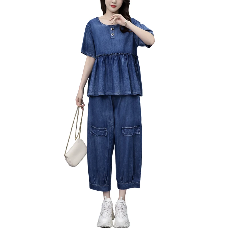 Summer Thin Denim Two-piece Set For Women Ruffles T-shirt Tops And Harem Pants Female Large Size Blue Loose Soft Matching Suits