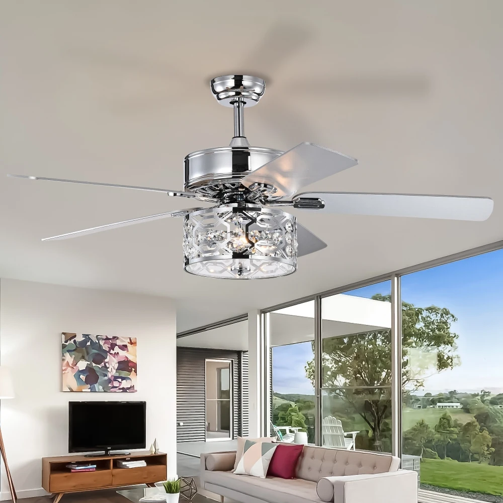 52 Inch Crystal Chandelier Fan  Dual Finish Reversible Blades, Fandelier for Living Room,Dining Room,Bedroom,Family Room,Chrome