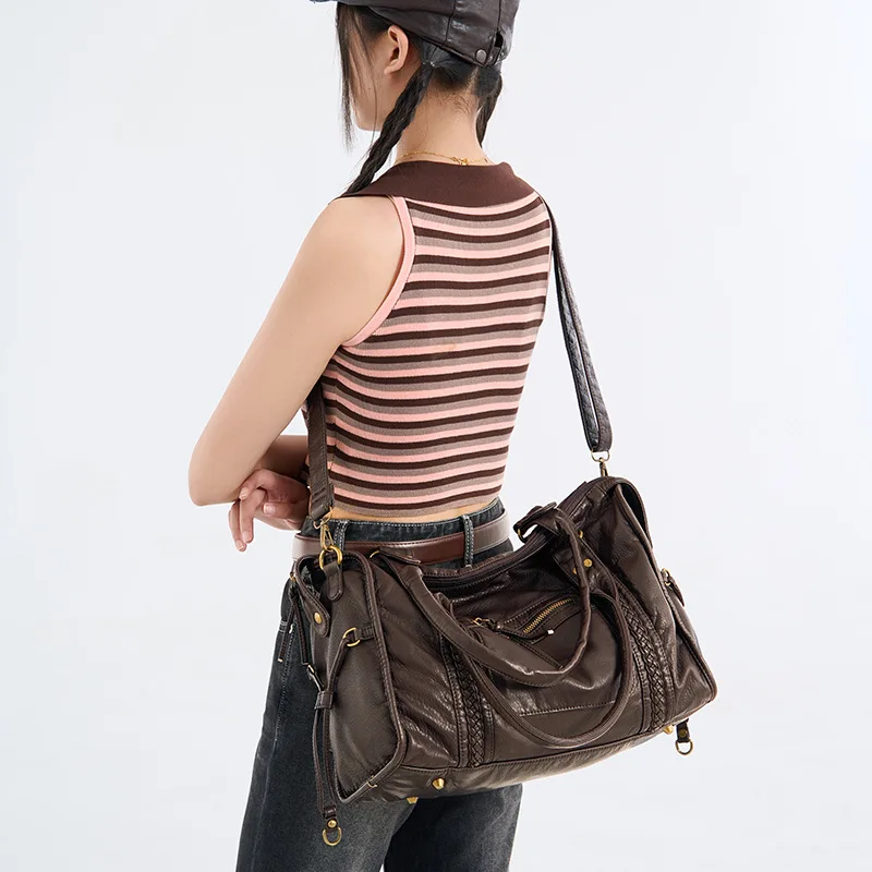 French Vintage Large Capacity Shoulder Bag Women Soft Crossbody Tote Bag Casual Motorcycle Style Handbag