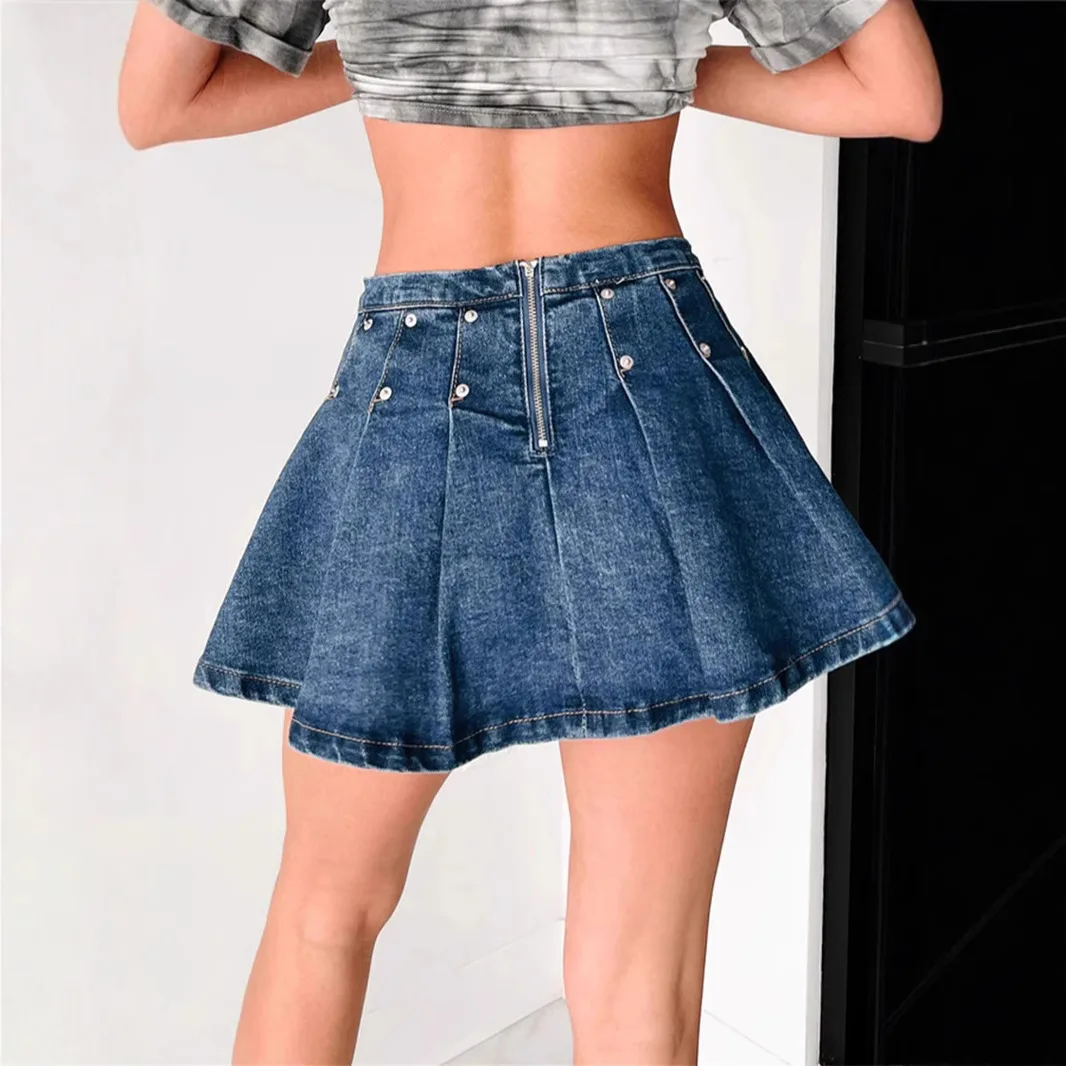 2025 New Fashion Women's American Summer Sexy Rivet A-line Skirts Casual Trendy Vintage Denim Pleated Skirts Female Streetwear