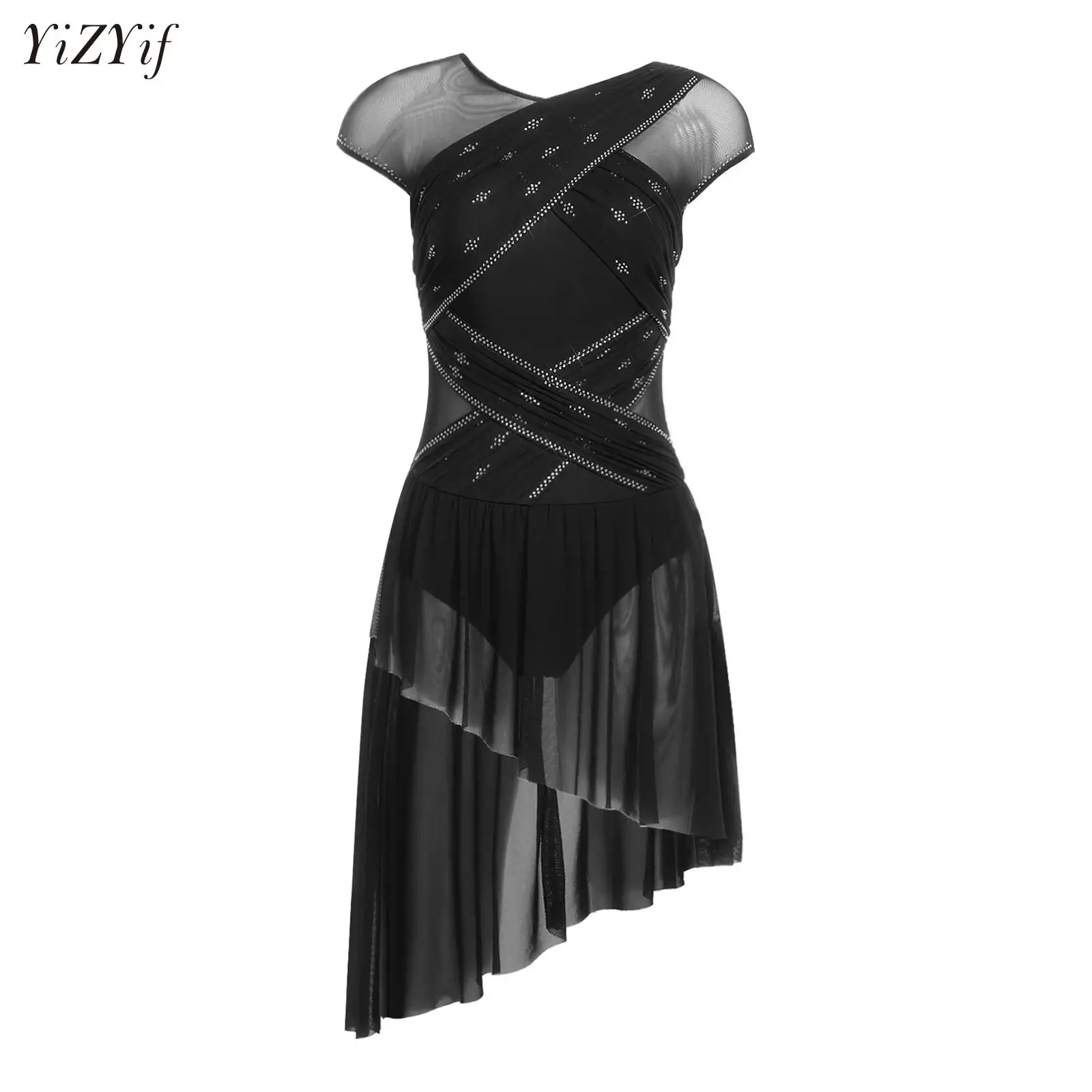 

Womens Ballet Lyrical Dance Performance Dress Ruched Mesh Overlay Skirted Gymnastics Leotard Figure Skating Competition Costume