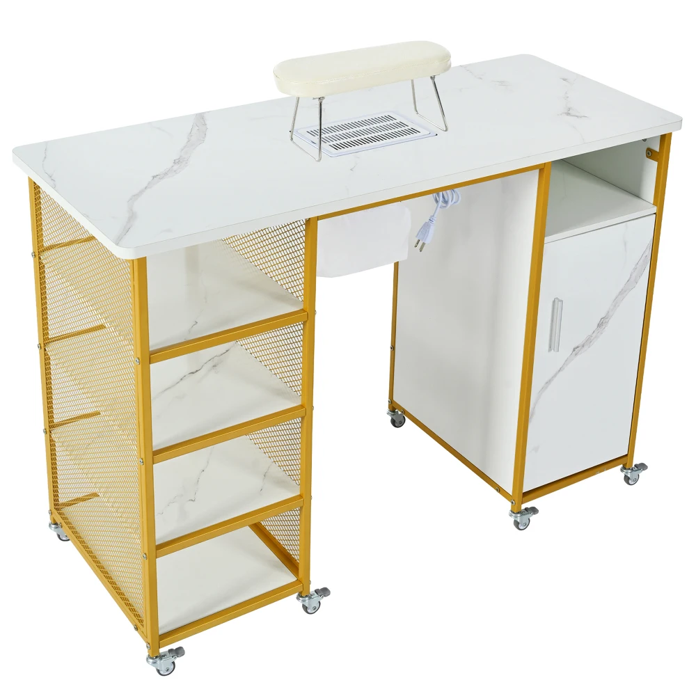 

Manicure Table, Marbling Texture Nail Table with Electric Downdraft Vent,Wrist Cushion, Lockable Wheels,Storage layers & cabinet